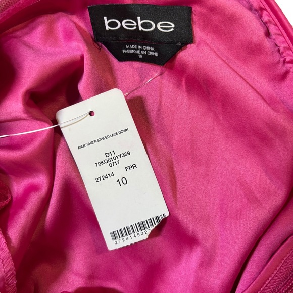 bebe Andie Sheer Striped Lace Gown Dress‎ Hot Pink Size 10 Sleeveless Evening - Picture 7 of 10